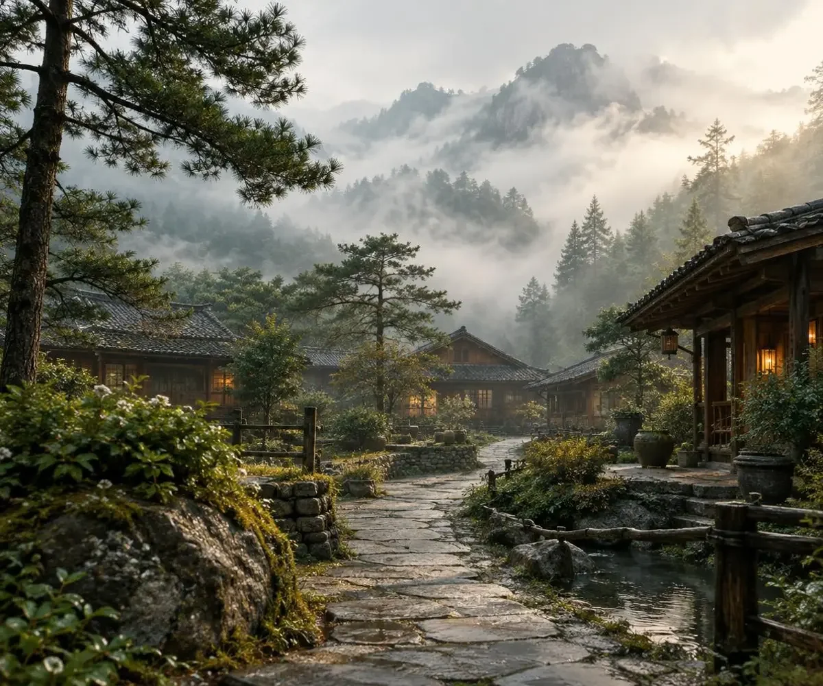 悟空零付费短剧门户取景地：青石小径与山村庭院